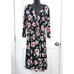 Always Indigo Faux Wrap Black Floral Print Dress